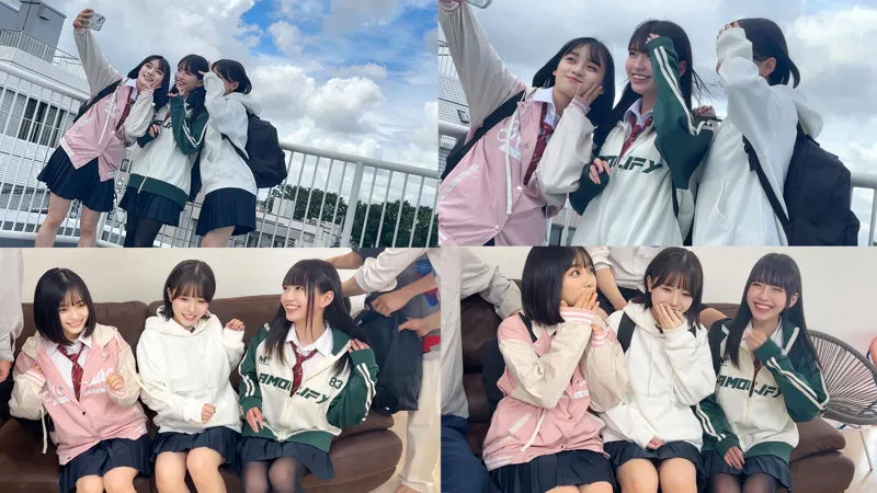 制服姿の陽キャ美少女3人がノリノリで6Pスタート!笑顔でエッチに突入する展開がヤバい♡